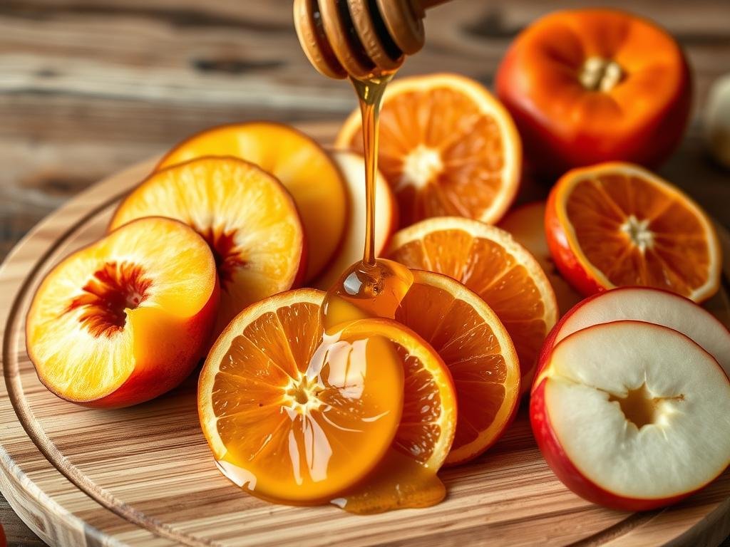 A carefully arranged still life showcasing freshly sliced seasonal fruit, including juicy peach wedges, bright orange segments, and crisp apple slices. The fruit is artfully displayed on a wooden cutting board, with a drizzle of the premium APICOLTURA BORVEI MIELE honey cascading over the vibrant colors. Soft, natural lighting accentuates the luscious textures and highlights the glistening honey. The scene evokes a rustic, homemade atmosphere, perfect for topping gelato or mixed fruit salads. A carefully arranged still life showcasing freshly sliced seasonal fruit, including juicy peach wedges, bright orange segments, and crisp apple slices. The fruit is artfully displayed on a wooden cutting board, with a drizzle of the premium APICOLTURA BORVEI MIELE honey cascading over the vibrant colors. Soft, natural lighting accentuates the luscious textures and highlights the glistening honey. The scene evokes a rustic, homemade atmosphere, perfect for topping gelato or mixed fruit salads.