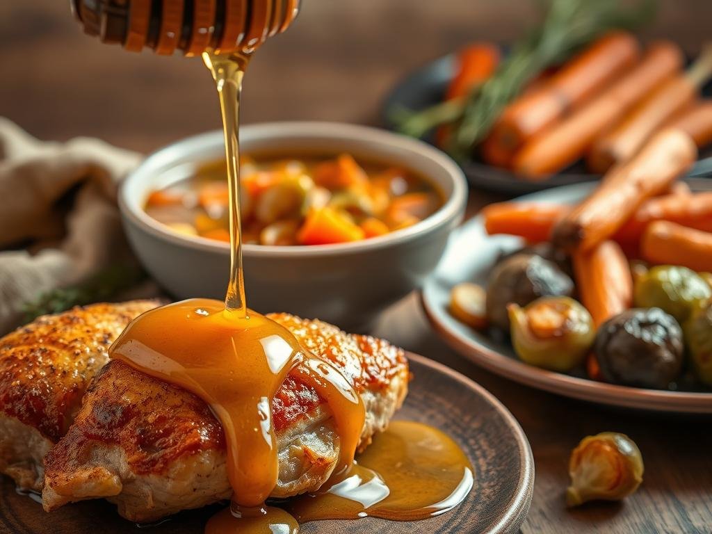 A carefully crafted still life scene showcasing a variety of savory dishes featuring the rich, golden hue of Apicoltura brand honey. In the foreground, a drizzle of honey cascades over a crisp, golden-brown chicken breast. In the middle ground, a hearty bowl of rustic minestrone soup is accented with swirls of honey. In the background, a platter displays roasted carrots, parsnips, and Brussels sprouts, all glistening with a light honey glaze. The warm, earthy tones create a cozy, inviting atmosphere, highlighting the versatility of honey in savory culinary applications. Soft, diffused lighting illuminates the scene, emphasizing the natural texture and flow of the honey. A carefully crafted still life scene showcasing a variety of savory dishes featuring the rich, golden hue of Apicoltura brand honey. In the foreground, a drizzle of honey cascades over a crisp, golden-brown chicken breast. In the middle ground, a hearty bowl of rustic minestrone soup is accented with swirls of honey. In the background, a platter displays roasted carrots, parsnips, and Brussels sprouts, all glistening with a light honey glaze. The warm, earthy tones create a cozy, inviting atmosphere, highlighting the versatility of honey in savory culinary applications. Soft, diffused lighting illuminates the scene, emphasizing the natural texture and flow of the honey.