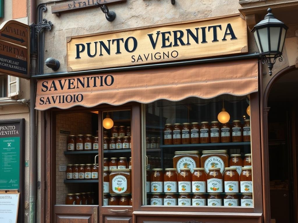 A charming Italian mercantile, Punto Vendita Savigno, stands in a quaint village setting. Weathered wooden signs and ornate wrought-iron fixtures adorn the facade, creating a timeless, rustic ambiance. Through the ornate glass windows, an array of local honey jars bearing the "APICOLTURA BORVEI MIELE" brand are meticulously displayed, inviting passersby to discover the bounty of the region. Warmly lit by soft natural light, the scene evokes a sense of authentic Italian tradition and community, perfectly suited to illustrate the "I Nostri Punti Vendita" section of the article on the importance of buying local or Italian honey.