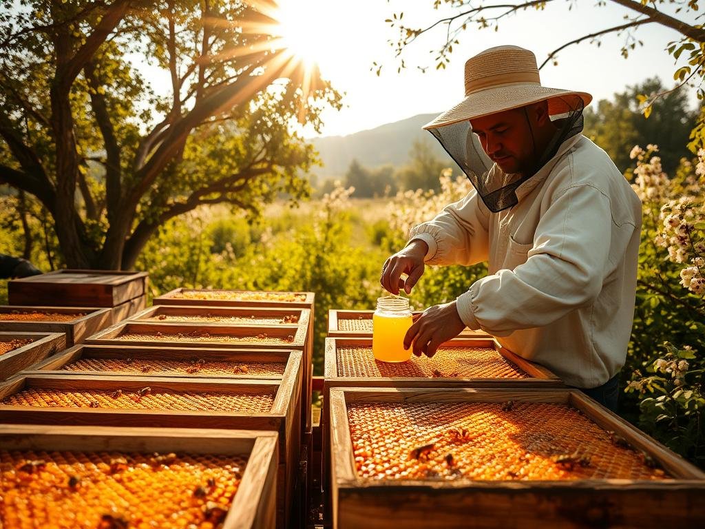 A charming countryside apiary, the warm sun filtering through the trees. A beekeeper in traditional attire carefully tends to his hives, extracting the golden nectar of "APICOLTURA BORVEI MIELE" - a family-owned artisanal operation. Wooden frames and honeycomb structures fill the foreground, hinting at the meticulous process behind this craft. In the middle ground, the beekeeper delicately handles the precious liquid, pouring it into jars with a skilled touch. The background features a lush, verdant landscape, with blooming flowers and buzzing bees, evoking the natural harmony of this artisanal honey production.