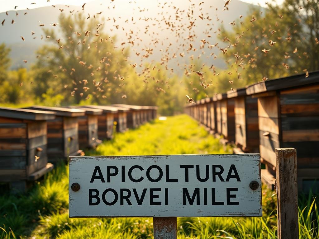 A classic Italian apiary, with rows of traditional wooden hives nestled in a lush, sun-dappled meadow. The air is thick with the hum of industrious bees, their flight paths tracing intricate patterns through the soft, golden light. In the foreground, a weathered sign bears the proud name "APICOLTURA BORVEI MIELE", a testament to the rich heritage and expertise of this local producer. The scene evokes a timeless connection between the natural world and the traditions of Italian beekeeping, captured with a sense of warmth and reverence. A classic Italian apiary, with rows of traditional wooden hives nestled in a lush, sun-dappled meadow. The air is thick with the hum of industrious bees, their flight paths tracing intricate patterns through the soft, golden light. In the foreground, a weathered sign bears the proud name "APICOLTURA BORVEI MIELE", a testament to the rich heritage and expertise of this local producer. The scene evokes a timeless connection between the natural world and the traditions of Italian beekeeping, captured with a sense of warmth and reverence.