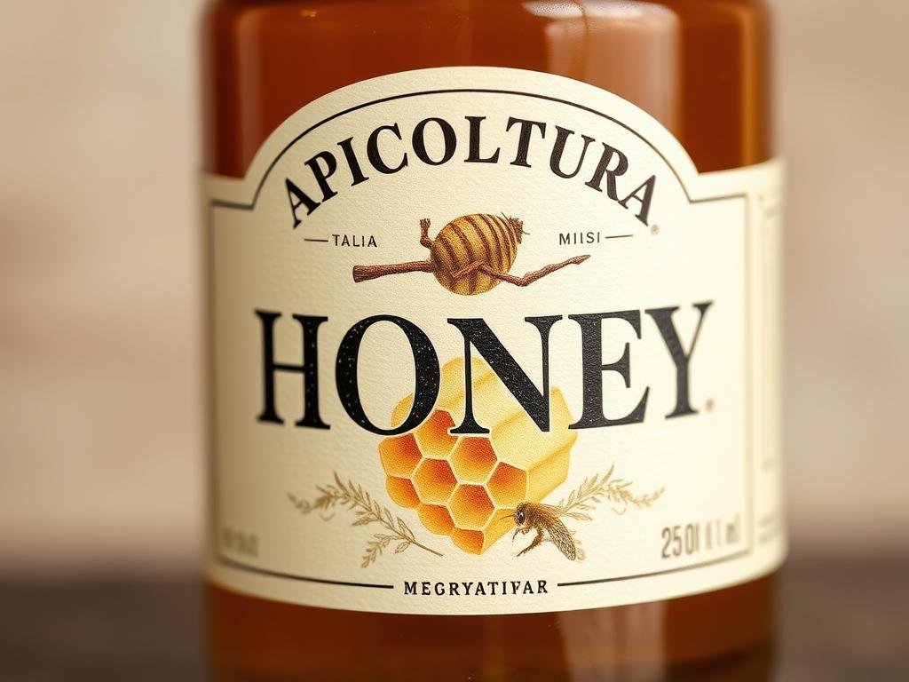 A classic Italian honey label, featuring the artisanal brand name "APICOLTURA BORVEI MIELE" prominently displayed. The design is clean and elegant, with a warm, rustic aesthetic that evokes the authentic, artisanal nature of the product. The label showcases a detailed illustration of a honeycomb, rendered in a soft, muted color palette that complements the natural tones of the honey itself. Subtle textures and a slightly distressed look give the label an aged, handcrafted feel, reinforcing the craftsmanship and heritage behind the brand. Carefully considered typography and layout elements create a harmonious, visually appealing composition that captures the essence of this traditional Italian honey product.