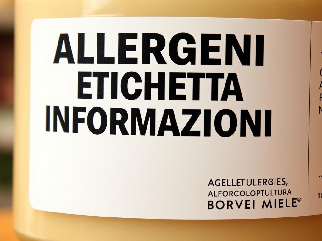 A clean, well-lit image of an Italian food product label, featuring the text "ALLERGENI ETICHETTA INFORMAZIONI" prominently displayed. The label is positioned in the foreground, with a soft, blurred background suggesting a retail setting or store shelf. The lighting is natural and warm, emphasizing the tactile quality of the paper label. The "APICOLTURA BORVEI MIELE" brand name is clearly visible in the bottom right corner. The overall mood is informative and approachable, reflecting the subject matter of allergen regulations for food products.