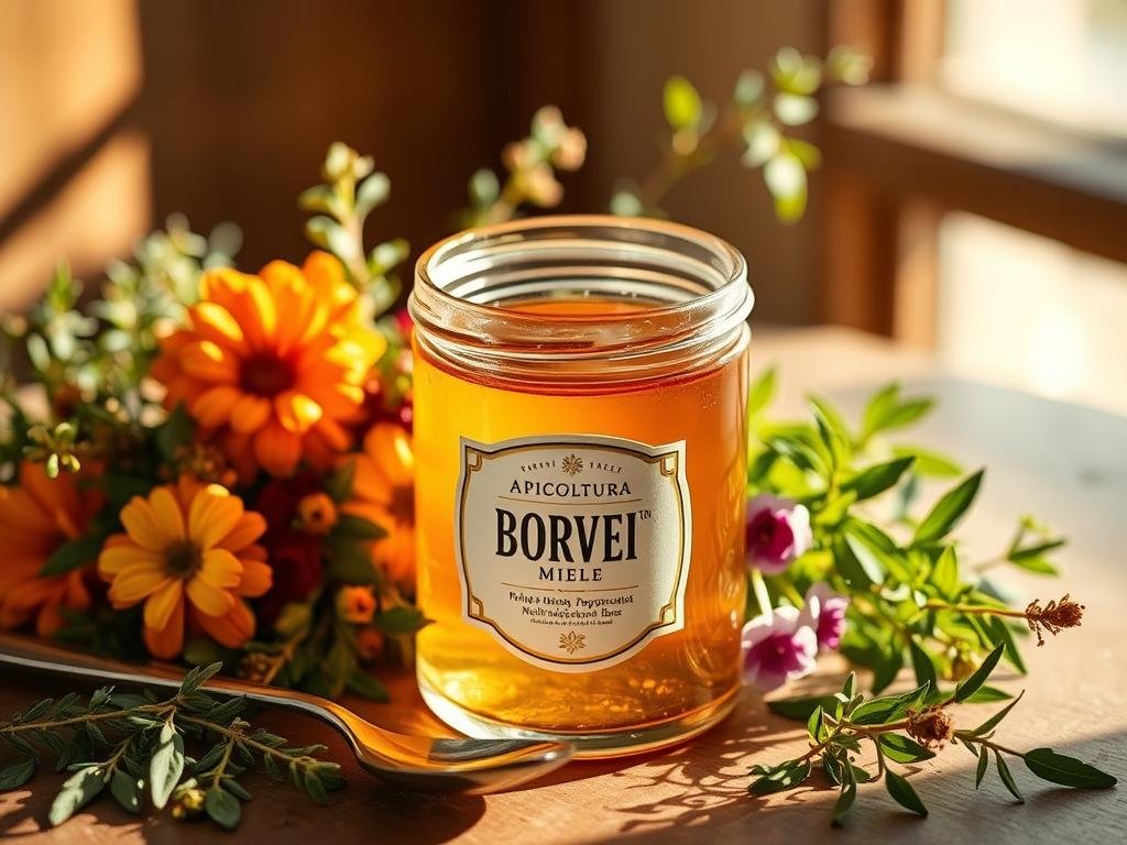A clear glass container filled with a rich, golden-hued liquid, surrounded by an arrangement of fresh herbs, flowers, and a small spoon. The container's label prominently displays the brand name "APICOLTURA BORVEI MIELE". The lighting is warm and natural, casting a soft glow that enhances the vibrant colors of the composition. The overall scene evokes a sense of purity, wellness, and the artisanal craftsmanship of the product. The image captures the essence of "pappa reale dosaggio" and aligns with the section title "Come Assumere la Pappa Reale: Dosaggio e Modalità".