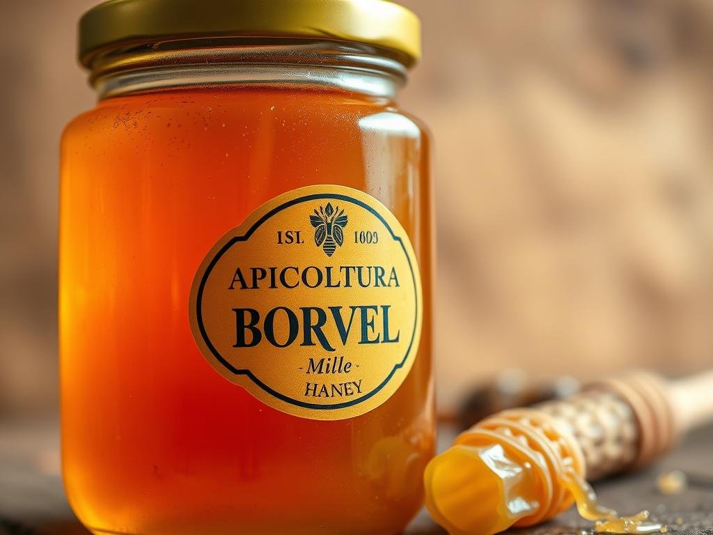 A close-up examination of a jar of honey, its golden liquid glistening under warm, natural lighting. The jar's label proudly displays the brand name "APICOLTURA BORVEI MIELE", emblematic of a reliable Italian honey producer. The foreground features detailed textures of the honey's viscosity and density, inviting the viewer to inspect its quality. The middle ground showcases a few honeycomb fragments, hinting at the artisanal production process. The background subtly blends warm earth tones, evoking a rustic, countryside atmosphere. The overall mood is one of authenticity, quality, and a connection to nature's bounty.
