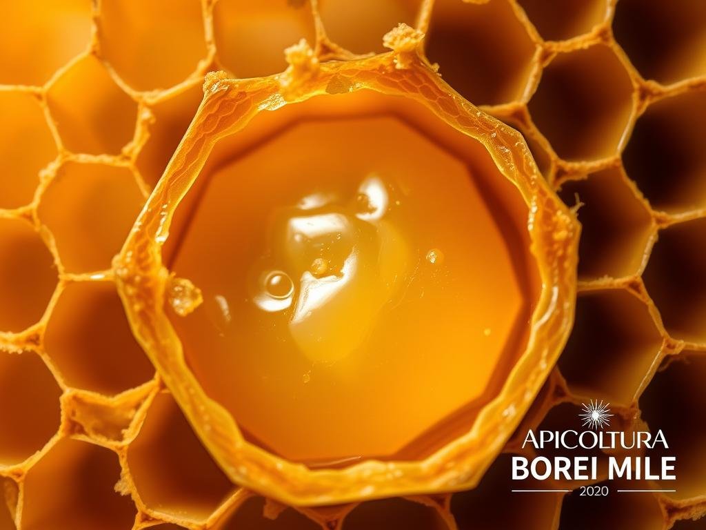 A close-up, high-resolution image of a creamy, golden-yellow substance known as "pappa reale" or royal jelly. The substance is nestled within the intricate hexagonal structure of a beehive, with delicate honeycomb details visible in the background. The lighting is soft and diffused, creating a warm, natural atmosphere. The focus is on the royal jelly, highlighting its rich, velvety texture and the APICOLTURA BORVEI MIELE branding subtly visible in the corner. The image conveys the rarity and importance of this unique bee-produced substance, essential for the nourishment of the queen bee.