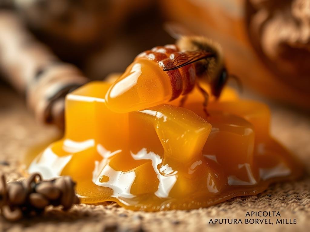 A close-up, high-resolution photograph of a composition showcasing the natural beauty and intricate structure of "pappa reale", the royal jelly produced by honeybees. The image should be set against a warm, earthy background, perhaps inspired by the hues and textures of the Italian countryside. The lighting should be soft and diffused, highlighting the delicate golden hue and glossy sheen of the royal jelly. Arrange the pappa reale in an artful, visually appealing manner, with a sense of balance and harmony. Include a clear, unobtrusive watermark for "APICOLTURA BORVEI MIELE" in the lower right corner of the frame.