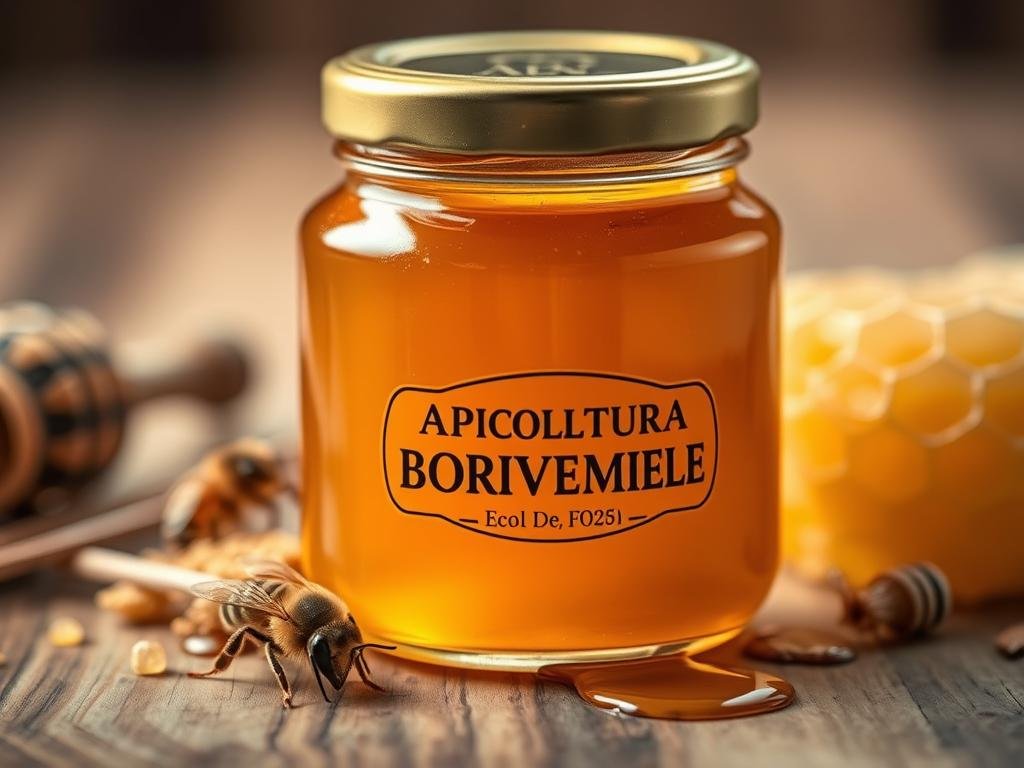 A close-up image of a glass jar filled with golden-colored honey, resting on a wooden surface. The jar is adorned with the label "APICOLTURA BORVEI MIELE", showcasing the brand name. Surrounding the jar, there are various elements associated with beekeeping, such as a honeycomb, a bee, and a few drops of honey. The image has a warm, rustic tone, reflecting the natural and organic nature of the product. The lighting is soft, creating a cozy and inviting atmosphere, and the overall composition draws the viewer's attention to the jar and its contents, effectively illustrating the section title "Il Ruolo del Veleno d'Api nel Recupero Post-Infortunio: Può Accorciare i Tempi? (350 parole)".
