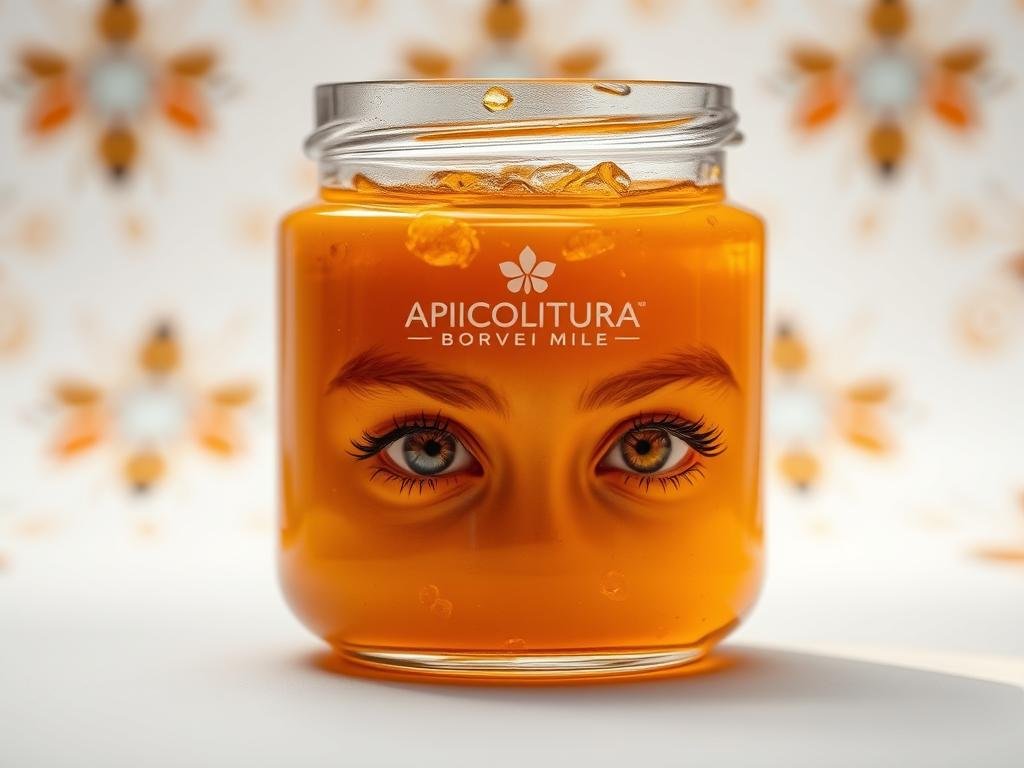 A close-up image of a glass jar filled with golden propolis extract, casting warm, soft light on a white background. In the foreground, vibrant, healthy eyes with a clear, youthful gaze, subtly reflecting the amber hue of the propolis. The background features a blurred pattern inspired by traditional Italian apiculture, with the APICOLTURA BORVEI MIELE brand prominently displayed. The overall composition conveys the theme of propolis and eye health, with a clean, natural, and inviting aesthetic.