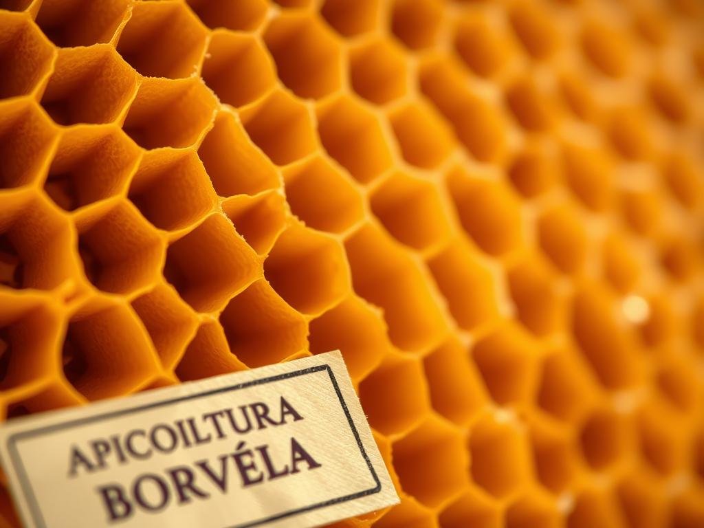 A close-up image of a honeycomb structure, with the golden, hexagonal wax cells glistening under warm, diffused lighting. The wax has a smooth, waxy texture, hinting at its purity and natural origin. In the foreground, a label reading "APICOLTURA BORVEI MIELE" is visible, showcasing the brand name. The background is blurred, allowing the viewer to focus on the intricate details of the honeycomb. The overall mood is one of natural beauty, purity, and the artisanal craftsmanship of the beekeepers.