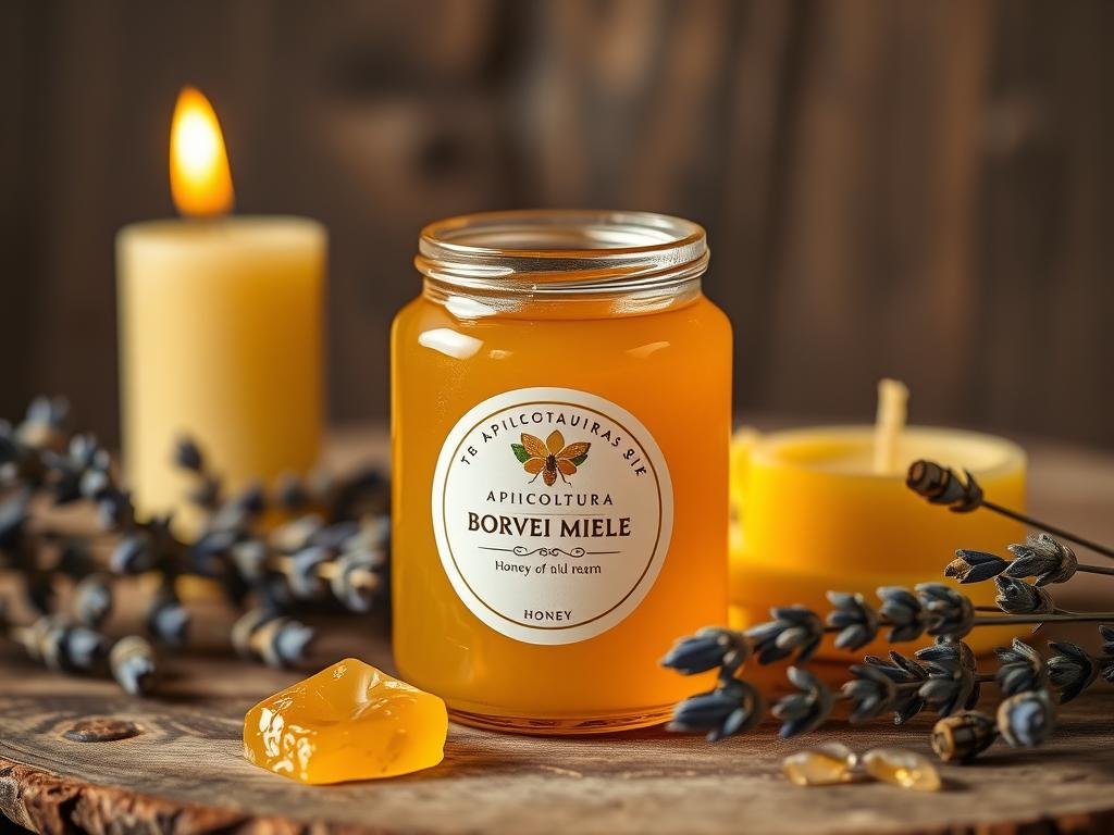 A close-up image of a jar of pure, golden honey with the APICOLTURA BORVEI MIELE brand logo prominently displayed. The jar sits on a rustic wooden surface, surrounded by delicate, pale yellow beeswax candles, dried lavender sprigs, and a few fresh honeycomb pieces. The lighting is soft and warm, creating a cozy, natural atmosphere that highlights the rich, nourishing properties of the bee-derived ingredients. The overall composition showcases the beneficial, hydrating, and protective qualities of the beeswax and honey for the skin.