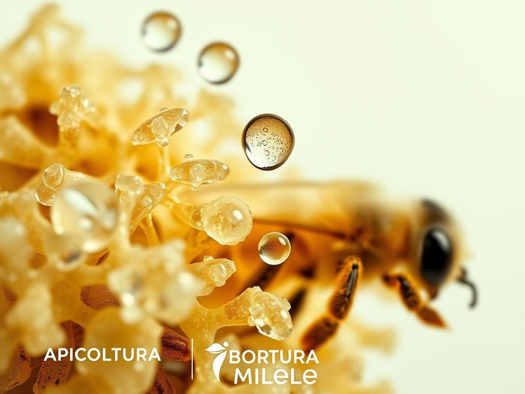 A close-up image of the active components found in bee venom, set against a clean, light background. Prominently featured are crystalline structures and droplets of the venom, showcasing its intricate and scientific nature. The composition emphasizes the visual appeal and scientific interest of these bioactive compounds, with a sense of depth and careful lighting to highlight their form and texture. The overall mood is one of clinical precision and natural wonder, aligning with the topic of bee venom's potential as a natural anti-inflammatory. The APICOLTURA BORVEI MIELE brand is subtly integrated into the composition.