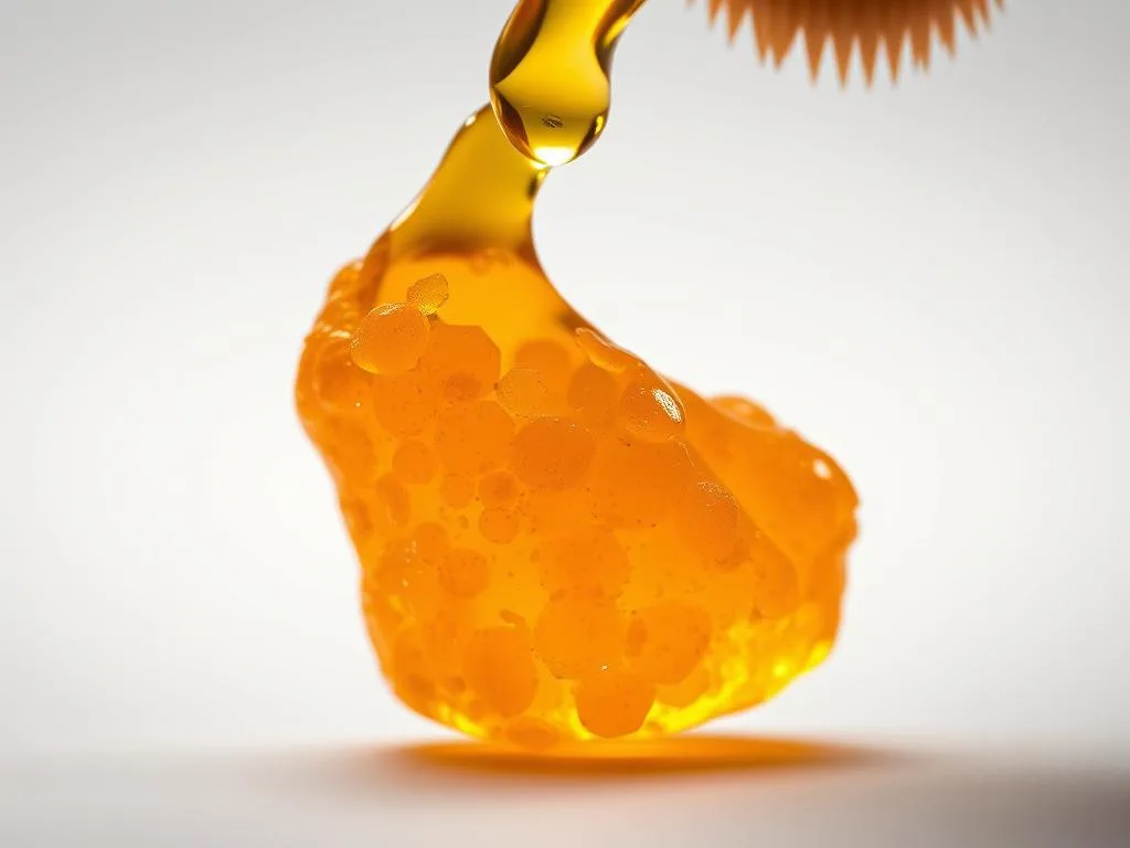 A close-up macro photograph of a vibrant, golden-hued propolis resin, its richly textured surface glistening under carefully angled lighting. The propolis appears to be freshly harvested, its aromatic essence palpable. The image is shot against a clean, minimalist background, allowing the natural beauty and medicinal properties of this bee-derived substance to take center stage. The overall composition evokes a sense of purity, potency, and the restorative power of this remarkable natural healing compound. APICOLTURA BORVEI MIELE