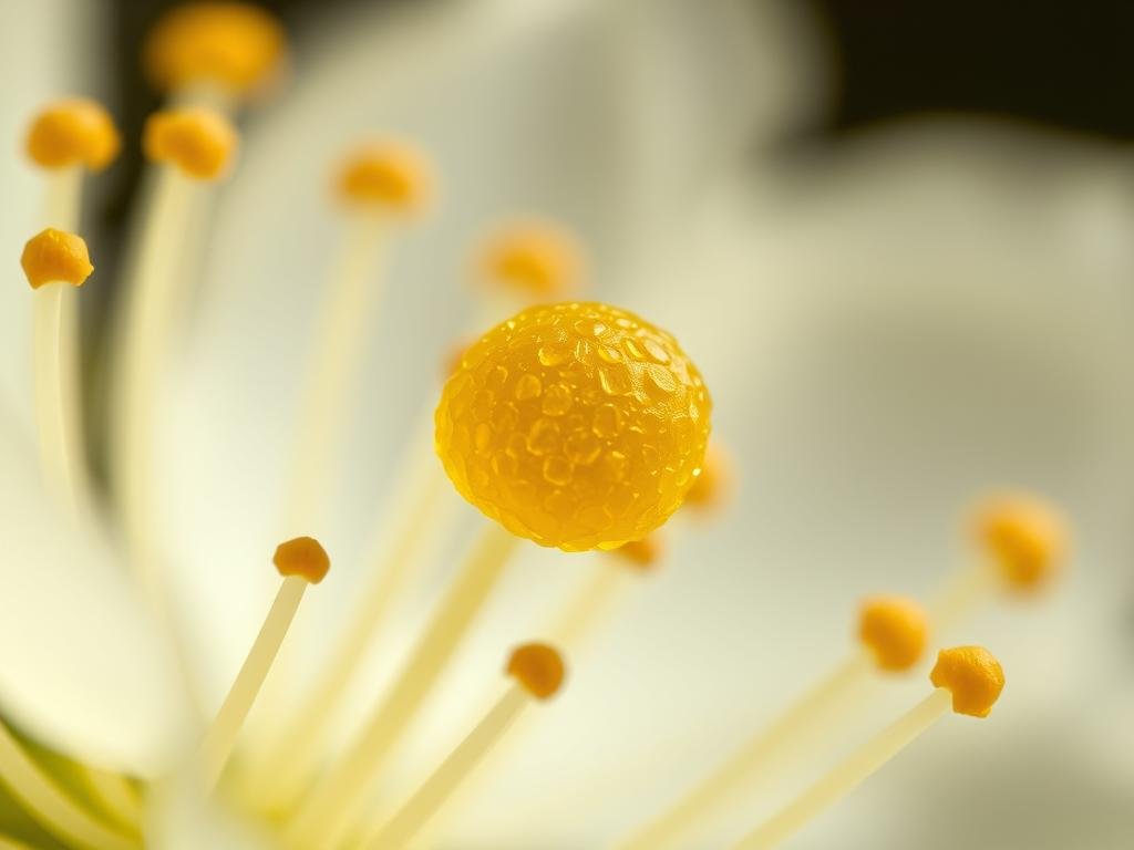 A close-up macro shot of a vibrant yellow pollen grain, floating amidst delicate white stamens and petals of a blooming flower. The polline is captured in sharp focus, its intricate textured surface and golden hue shimmering under soft, diffused lighting. The background is blurred, emphasizing the delicate beauty of this precious substance, the APICOLTURA BORVEI MIELE product. The overall mood is one of natural wonder and appreciation for the vital role of pollen in the life cycle of plants and the work of honeybees.