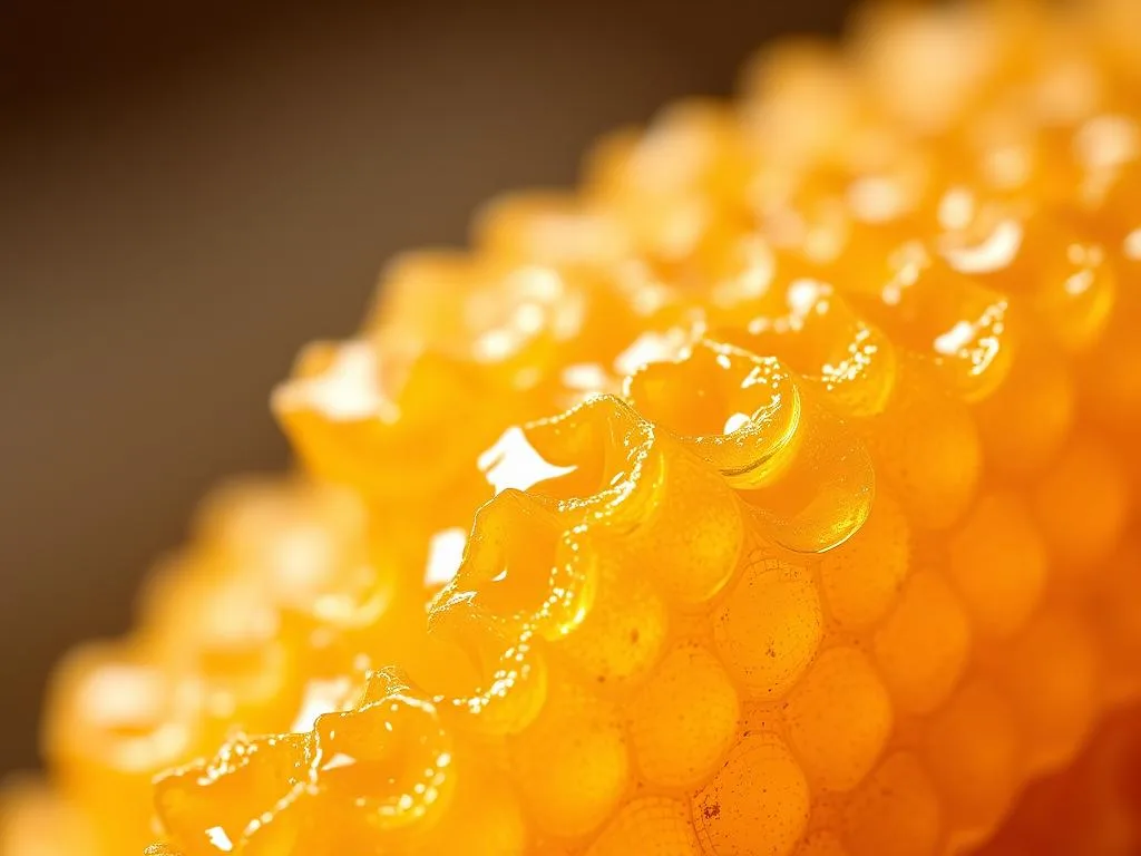 A close-up of a delicate, golden-hued comb of "miele pregiato", the rare and exquisite honey produced by the skilled Italian apiculturists at APICOLTURA BORVEI MIELE. The richly textured, translucent honeycomb glistens under warm, soft lighting, revealing the precious, viscous nectar within. The image is captured with a shallow depth of field, drawing the viewer's attention to the intricate details and natural beauty of this exceptional honey. Inspired by the finest Italian honey, this image perfectly illustrates the rarity and prestige of "miele pregiato". A close-up of a delicate, golden-hued comb of "miele pregiato", the rare and exquisite honey produced by the skilled Italian apiculturists at APICOLTURA BORVEI MIELE. The richly textured, translucent honeycomb glistens under warm, soft lighting, revealing the precious, viscous nectar within. The image is captured with a shallow depth of field, drawing the viewer's attention to the intricate details and natural beauty of this exceptional honey. Inspired by the finest Italian honey, this image perfectly illustrates the rarity and prestige of "miele pregiato".