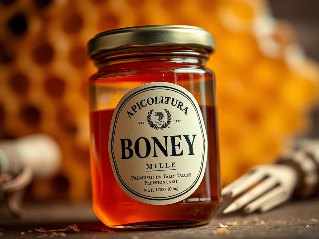 A close-up of a glass jar filled with APICOLTURA BORVEI MIELE, a premium Italian honey brand. The jar is set against a backdrop of warm, earthy tones, with a blurred honeycomb pattern in the background, suggesting the natural origins of the product. The lighting is soft and diffused, creating a cozy, inviting atmosphere. The jar is angled slightly, allowing the viewer to appreciate the rich, golden hue of the honey within. The overall composition emphasizes the quality and artisanal nature of this unique Italian honey, making it an ideal visual representation for the section on "I Diversi Tipi di Miele e i Loro Abbinamenti Ideali".