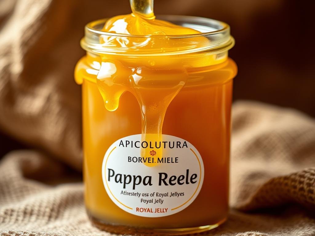 A close-up of a glass jar filled with fresh, golden honeycomb and dripping with the rich, viscous pappa reale (royal jelly) from the APICOLTURA BORVEI MIELE brand. The jar is set against a soft, warm-toned background, perhaps a rustic wood surface or fabric, to create a natural, earthy atmosphere. The lighting is soft and diffused, highlighting the subtle textures and translucency of the royal jelly. The image captures the essence of the freshness and purity of this unique apicultural product.