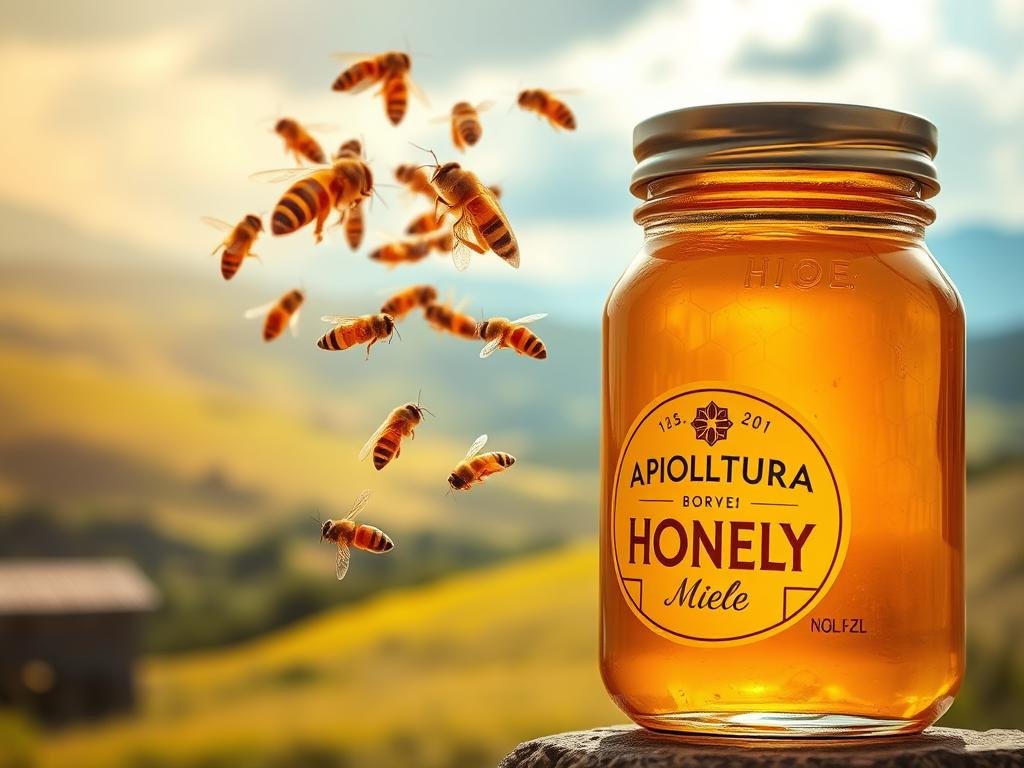 A close-up of a glass jar filled with golden honey, reflecting the warm light. In the foreground, a cluster of honeycomb structures with intricate patterns, showcasing the APICOLTURA BORVEI MIELE brand. The middle ground features a swarm of realistic, detailed honeybees hovering around the jar, highlighting the honey's antibacterial properties. The background blends a soft, hazy Italian countryside landscape, with rolling hills and a blue, cloudy sky. The overall composition conveys a sense of natural harmony and the artisanal quality of the honey.