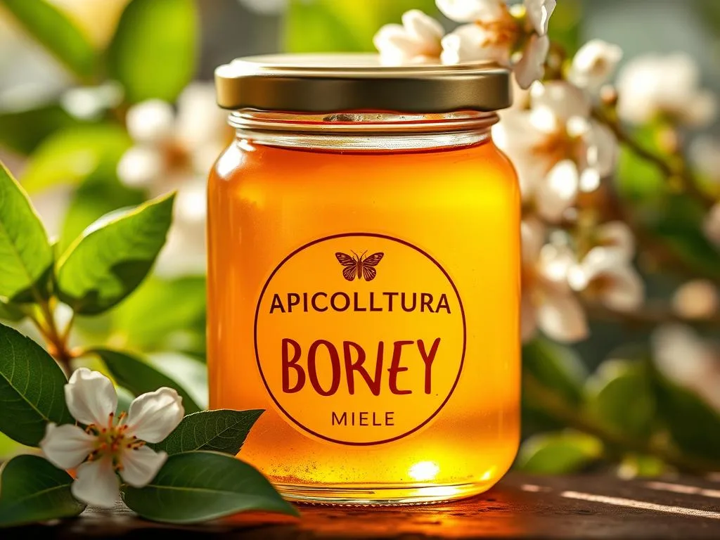A close-up of a glass jar filled with golden honey, the label prominently displaying the brand name "APICOLTURA BORVEI MIELE". The jar is set against a backdrop of lush green leaves and blossoming flowers, evoking the natural world from which the honey is derived. Soft, warm lighting illuminates the scene, casting a gentle glow on the jar's surface. The composition emphasizes the purity and quality of the honey, while the natural elements surrounding it suggest the incredible benefits of bee-derived products for cosmetic use, as detailed in the article's section on "Il Veleno d'Api: Dalla Puntura ai Benefici Cosmetici".