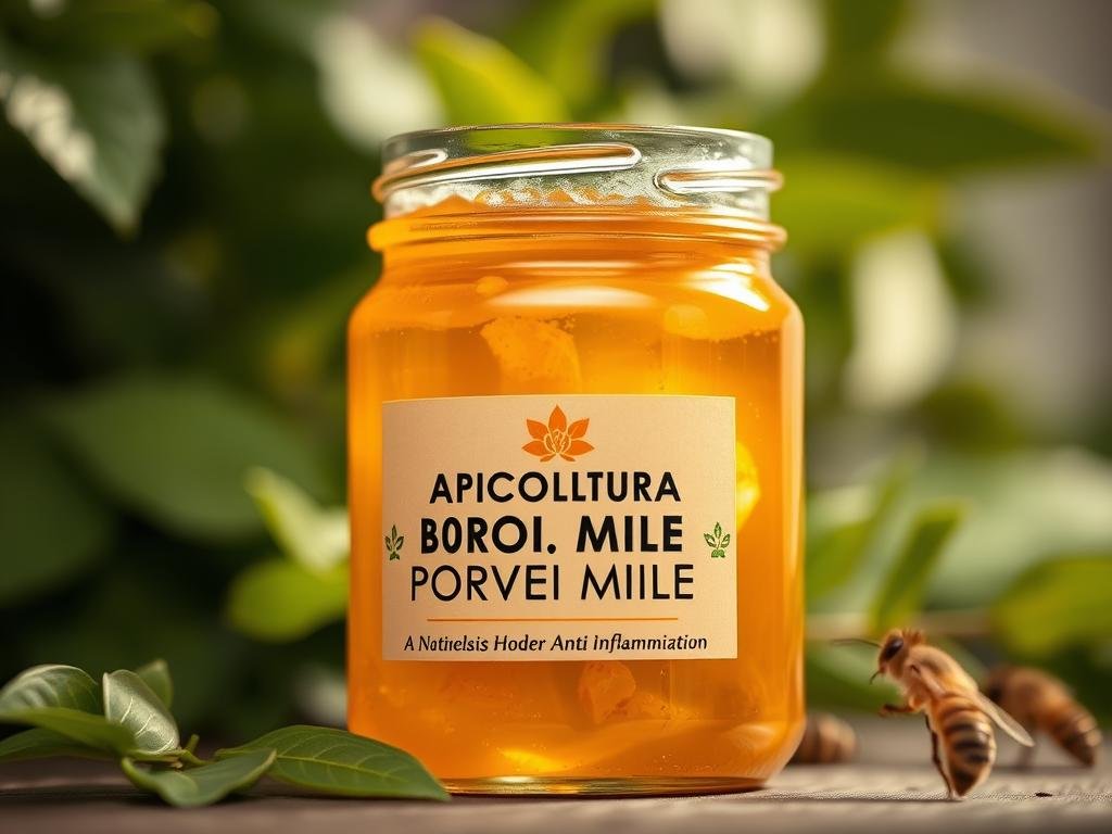 A close-up of a glass jar filled with golden, viscous propolis, a natural anti-inflammatory substance produced by honeybees. The jar is set against a blurred background of lush, green leaves, hinting at the natural, herbal origin of the propolis. Soft, warm lighting illuminates the jar, showcasing the rich, amber color and the texture of the propolis. The APICOLTURA BORVEI MIELE brand name is prominently displayed on the label, emphasizing the artisanal, high-quality nature of the product. The overall composition and mood convey the soothing, natural power of propolis and its potential to alleviate inflammation.