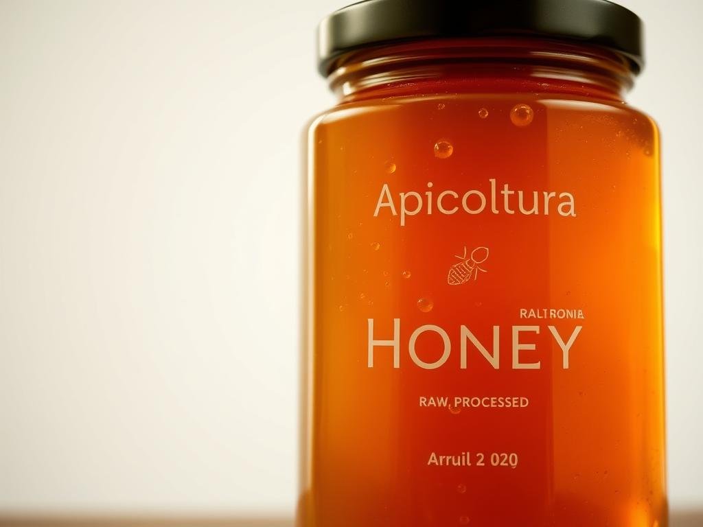 A close-up of a glass jar filled with raw, unprocessed honey from the Apicoltura brand. The honey has a rich, golden hue and a thick, creamy texture, with small air bubbles visible throughout. The jar is set against a plain, neutral background, allowing the natural beauty of the honey to take center stage. The lighting is soft and diffused, creating a warm, inviting atmosphere that highlights the honey's organic, artisanal qualities. The angle is slightly elevated, providing a clear view of the jar's contents and the unique properties of this raw, unadulterated honey.