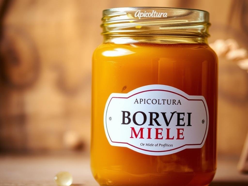 A close-up of a glass jar filled with thick, golden honey, the label prominently featuring the text "APICOLTURA BORVEI MIELE". The jar is set against a warm, rustic background, perhaps a wooden table or a natural, earthy material. The lighting is soft and diffused, creating a cozy, inviting atmosphere. The honey appears smooth and viscous, glistening under the gentle illumination. The overall scene evokes a sense of natural, wholesome goodness, capturing the essence of the miele as an effective natural remedy for colds and coughs.