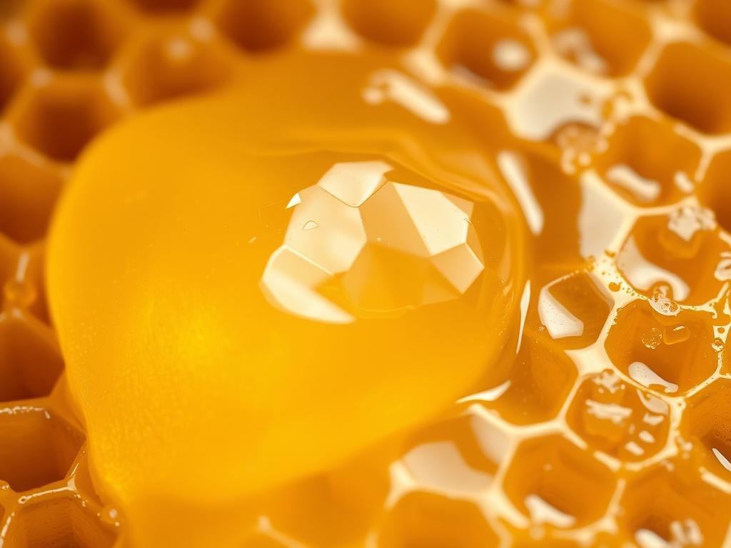 A close-up of a glistening, golden-colored substance known as royal jelly, a nutrient-rich secretion produced by worker bees. The jelly is surrounded by a delicate, intricate honeycomb structure, hinting at its natural origins. The lighting is soft and diffused, illuminating the translucent, gelatinous texture of the royal jelly. The composition is balanced, with the jelly as the focal point, set against a neutral background that allows the subject to stand out. The overall mood is one of natural wonder and the remarkable properties of this Apicoltura "superfood." Ispirati a internet in Italia e metti foto coerenti con il titolo h2 sotto cui le metti.