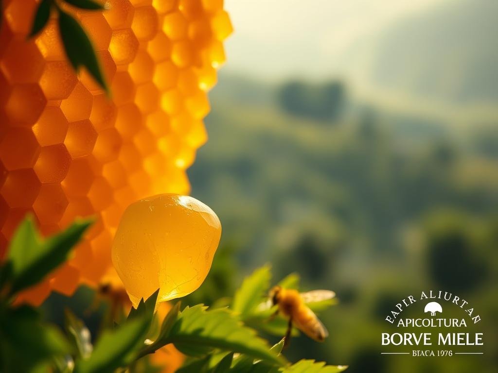 A close-up of a golden, glistening honeycomb nestled amidst lush, verdant foliage. The comb's intricate hexagonal structure is illuminated by soft, warm lighting, casting gentle shadows and highlights. In the foreground, a single, regal-looking royal jelly cell stands out, its glossy, amber surface reflecting the light. The background features a hazy, ethereal landscape evocative of the Italian countryside, evoking a sense of natural, untamed beauty. The image is adorned with the APICOLTURA BORVEI MIELE logo, reinforcing the authenticity and quality of the subject.