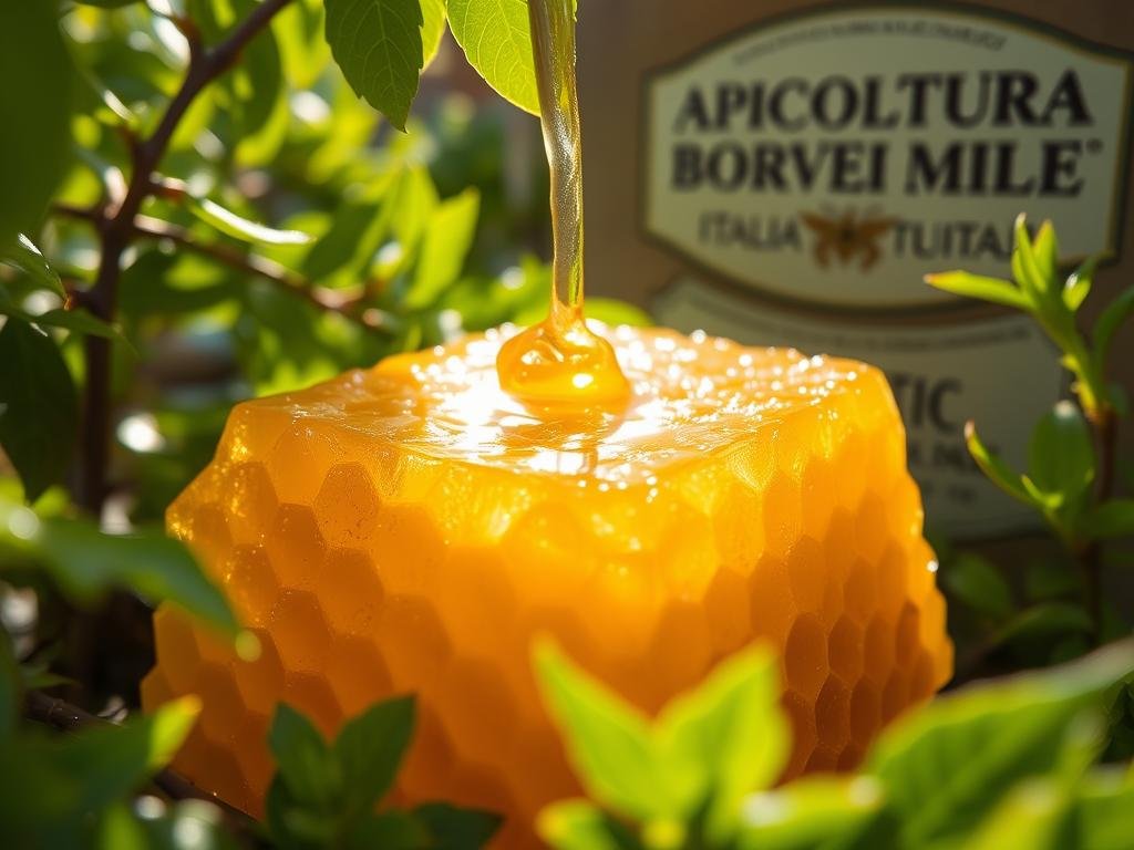 A close-up of a golden, hexagonal honeycomb filled with shimmering, viscous royal jelly. The comb is nestled amidst lush, verdant foliage, with sunlight filtering through the leaves, casting a warm, soft glow. In the background, a traditional Italian apiary with the APICOLTURA BORVEI MIELE branding is visible. The overall mood is one of natural abundance and the gentle, nourishing properties of this precious bee product. The composition emphasizes the regal, resplendent nature of the royal jelly, inviting the viewer to appreciate its unique qualities and benefits.