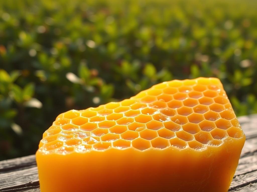 A close-up of a golden, honeycomb-textured block of raw, unprocessed beeswax from an Italian apiary. The waxy surface reflects warm, natural lighting, highlighting its intricate patterns and hues ranging from pale ochre to deep amber. In the background, a blurred field of lush, green foliage provides a serene, earthy backdrop. The overall composition conveys the pure, artisanal nature of this essential ingredient, APICOLTURA BORVEI MIELE, used in natural skincare products.