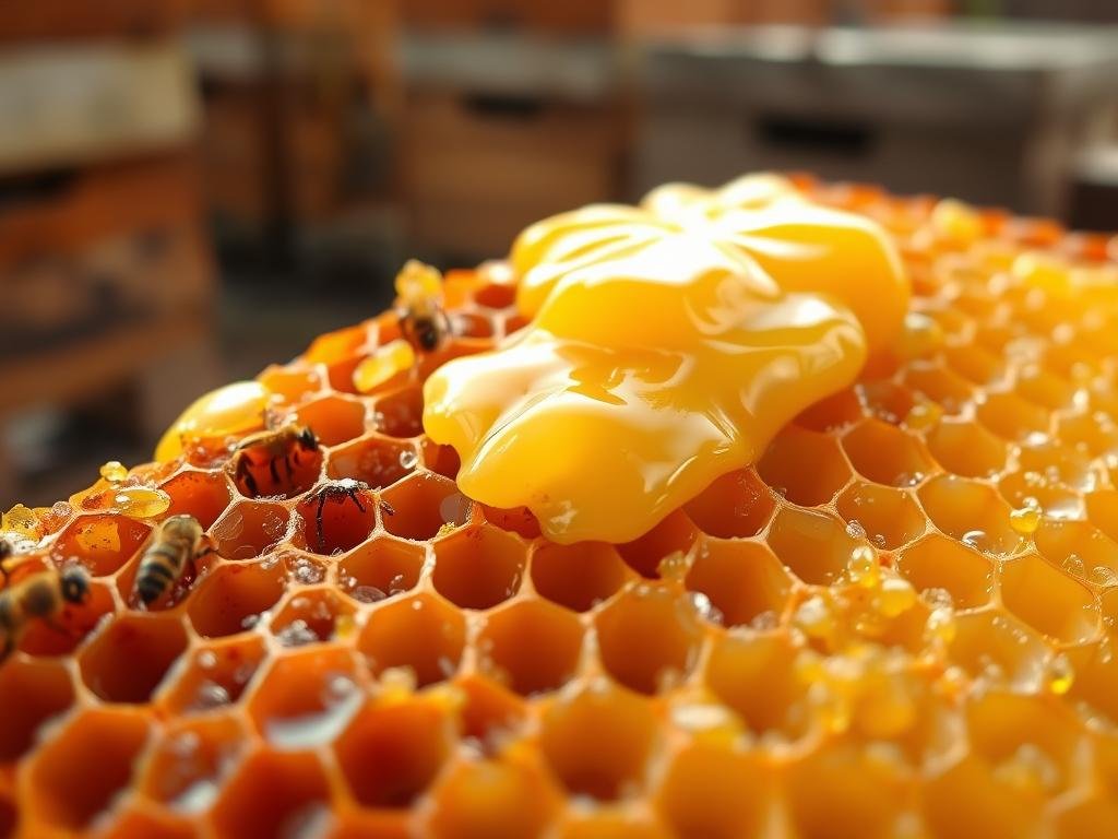 A close-up of a honeycomb filled with creamy, golden-yellow pappa reale, the royal jelly produced by honeybees. The texture is rich and glossy, with a delicate shine under soft, warm lighting. In the background, a blurred apiary with wooden hives, evoking the artisanal production by APICOLTURA BORVEI MIELE. The overall mood is one of natural abundance and the premium quality of this rare and nutritious bee product. A close-up of a honeycomb filled with creamy, golden-yellow pappa reale, the royal jelly produced by honeybees. The texture is rich and glossy, with a delicate shine under soft, warm lighting. In the background, a blurred apiary with wooden hives, evoking the artisanal production by APICOLTURA BORVEI MIELE. The overall mood is one of natural abundance and the premium quality of this rare and nutritious bee product.