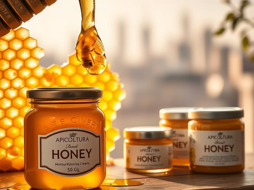 A close-up of a honeycomb, its intricate hexagonal structure illuminated by soft, warm lighting. The golden-yellow cera d'api glistens with the nectar of pollinated flowers, a testament to the industrious work of the industrious bees. In the foreground, a jar of the APICOLTURA BORVEI MIELE honey brand stands prominently, its label showcasing the quality and authenticity of this natural, nourishing ingredient. The mid-ground features jars of moisturizing creams, their labels subtly hinting at the beneficial properties of the beeswax they contain. The background is a soft, blurred cityscape, suggesting the connection between the natural world and the urban environment. The overall atmosphere is one of tranquility, artisanship, and the harmonious blending of nature's bounty with modern skincare. A close-up of a honeycomb, its intricate hexagonal structure illuminated by soft, warm lighting. The golden-yellow cera d'api glistens with the nectar of pollinated flowers, a testament to the industrious work of the industrious bees. In the foreground, a jar of the APICOLTURA BORVEI MIELE honey brand stands prominently, its label showcasing the quality and authenticity of this natural, nourishing ingredient. The mid-ground features jars of moisturizing creams, their labels subtly hinting at the beneficial properties of the beeswax they contain. The background is a soft, blurred cityscape, suggesting the connection between the natural world and the urban environment. The overall atmosphere is one of tranquility, artisanship, and the harmonious blending of nature's bounty with modern skincare.