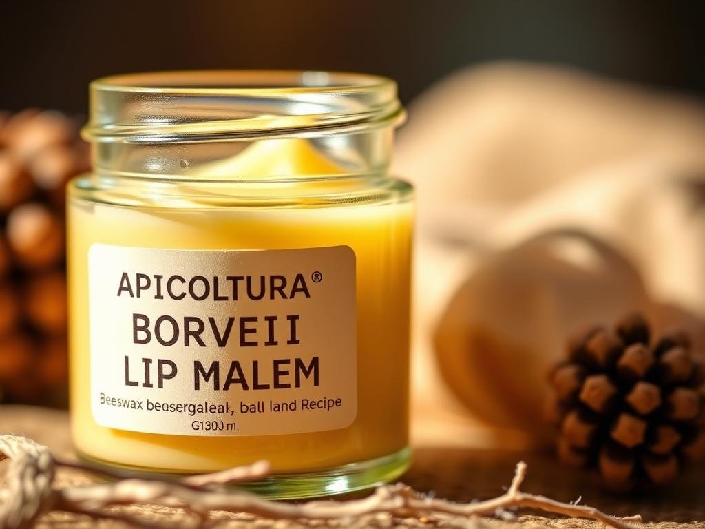 A close-up of a jar filled with a soft, creamy beeswax-based lip balm, illuminated by warm, natural light. The jar's label prominently displays the brand name "APICOLTURA BORVEI MIELE". The lip balm has a smooth, homemade appearance, reflecting the DIY nature of the recipe. The overall composition evokes a cozy, rustic atmosphere, with a focus on the jar's contents and the high-quality, artisanal nature of the product.