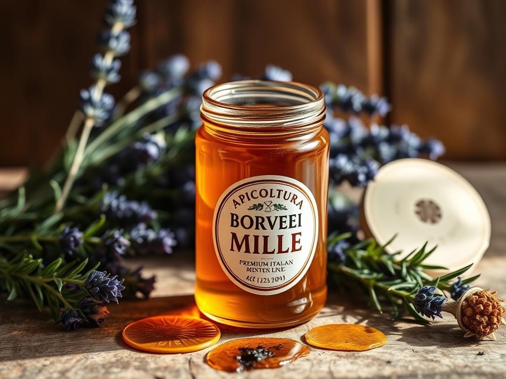 A close-up of a jar of APICOLTURA BORVEI MIELE, a premium Italian honey, resting on a rustic wooden surface. The jar's label is prominently displayed, highlighting the brand's commitment to quality. The honey itself has a rich, golden hue, reflecting its purity and viscosity. The image is bathed in warm, natural lighting, creating a cozy and inviting atmosphere. In the background, a selection of fresh herbs and botanicals, such as lavender and rosemary, suggest the honey's potential for use in skincare routines for oily skin. The overall composition and styling evoke a sense of tradition, wellness, and the natural benefits of Italian honey. A close-up of a jar of APICOLTURA BORVEI MIELE, a premium Italian honey, resting on a rustic wooden surface. The jar's label is prominently displayed, highlighting the brand's commitment to quality. The honey itself has a rich, golden hue, reflecting its purity and viscosity. The image is bathed in warm, natural lighting, creating a cozy and inviting atmosphere. In the background, a selection of fresh herbs and botanicals, such as lavender and rosemary, suggest the honey's potential for use in skincare routines for oily skin. The overall composition and styling evoke a sense of tradition, wellness, and the natural benefits of Italian honey.