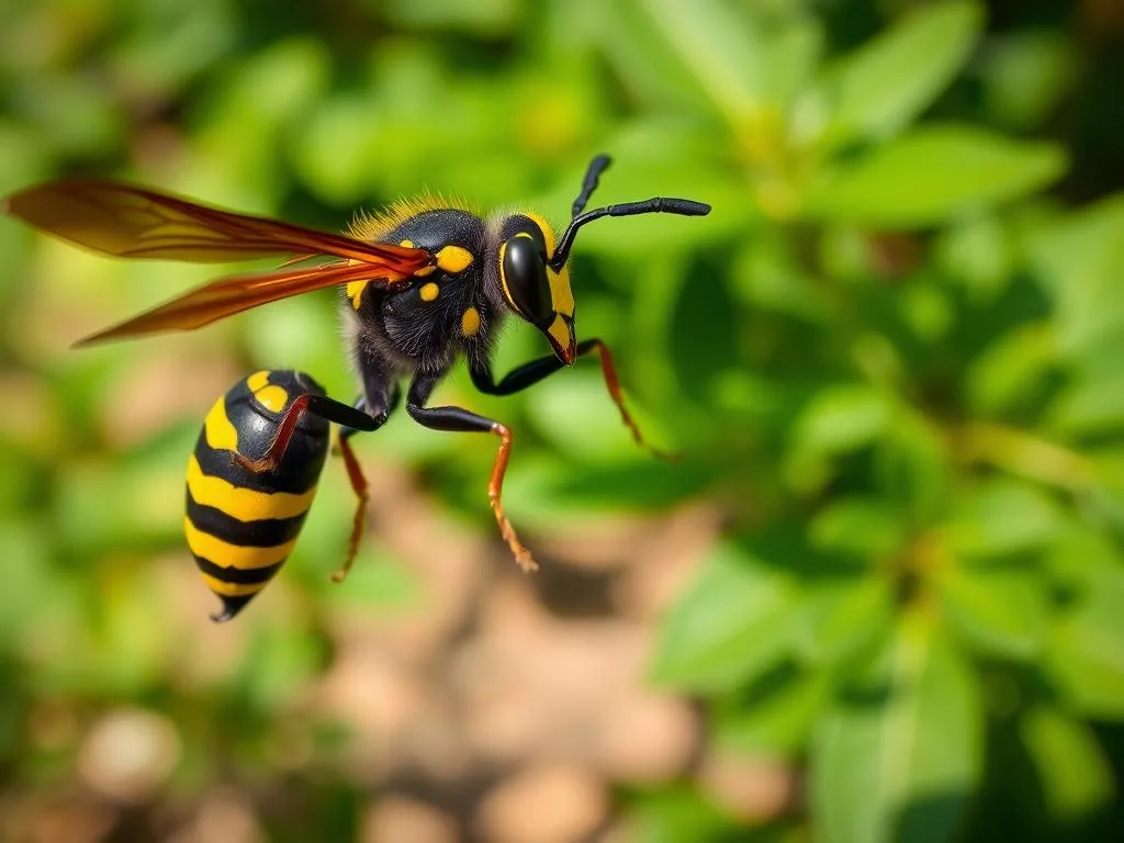 A close-up of a large wasp, its black and yellow striped abdomen and thorax in sharp focus, its wings outstretched and antennae twitching. The wasp appears to be poised, ready to strike, against a blurred background of lush green foliage, hinting at a garden or outdoor setting. The lighting is natural, casting warm, dappled shadows that add depth and texture to the scene. The overall mood is one of cautious observation, highlighting the distinct differences between the punture vespa (wasp sting) and the puntura d'ape (bee sting). APICOLTURA BORVEI MIELE.