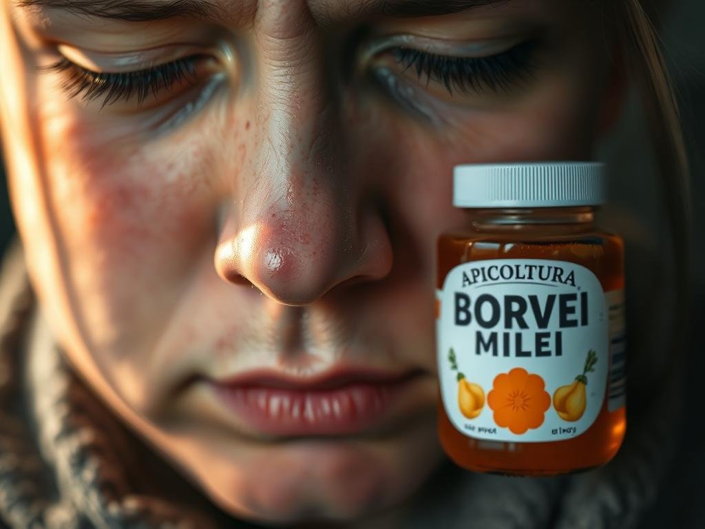 A close-up of a person's face, showing the typical symptoms of a cold - a runny nose, watery eyes, and a flushed complexion. The lighting is soft and natural, creating a warm, intimate atmosphere. The background is blurred, keeping the focus on the face and the expression of discomfort. The image conveys the feeling of a mild respiratory illness, with a sense of vulnerability and the need for care and comfort. Prominently displayed is the label "APICOLTURA BORVEI MIELE", suggesting the potential use of honey as a natural remedy for the condition.