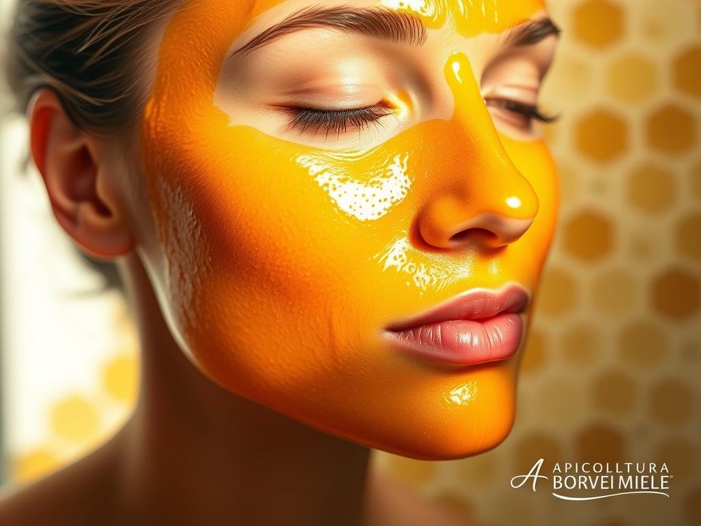 A close-up of a woman's face, her skin glowing with a luxurious honey mask, applied evenly across her cheeks, forehead, and nose. The warm, golden hue of the honey creates a radiant, nourishing effect, enhanced by soft, diffused lighting from the side. The woman's expression is serene and relaxed, her eyes closed as she indulges in this natural, skin-replenishing treatment. In the background, a gentle blurred pattern of honeycomb shapes, subtly referencing the APICOLTURA BORVEI MIELE brand and its apiary origins.