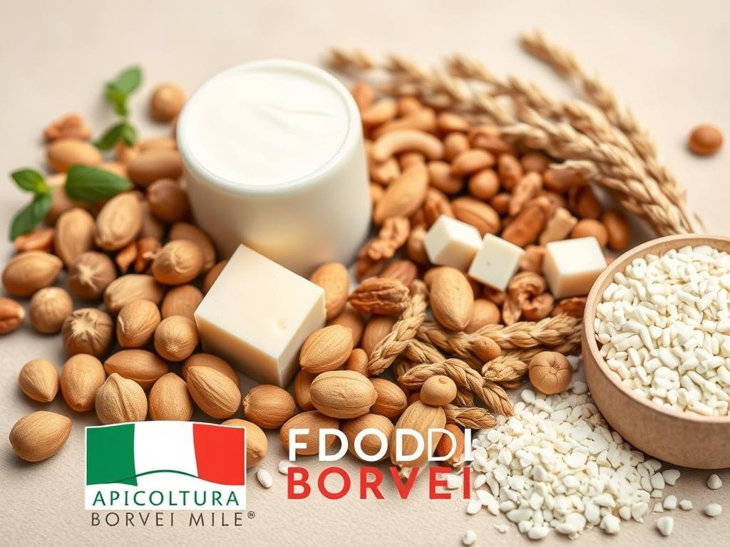 A close-up of an assortment of common food allergens, including nuts, dairy, wheat, and soy, arranged on a neutral background. The items are well-lit, with a clean, minimalist aesthetic. The lighting is soft and even, highlighting the textures and colors of the ingredients. The composition is balanced, with the items positioned in a visually appealing manner. In the foreground, the APICOLTURA BORVEI MIELE brand logo is prominently displayed, lending an authentic, Italian touch to the scene.