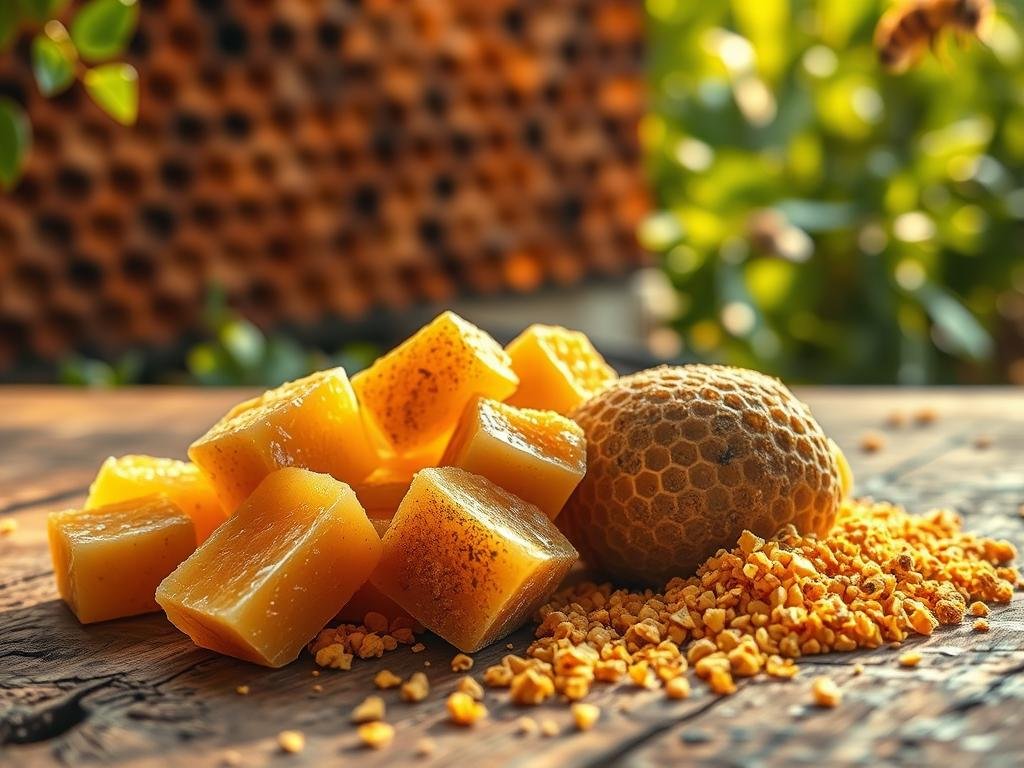 A close-up of an assortment of honeycomb, honeycomb chunks, and bee pollen granules arranged artfully on a rustic wooden table. The warm, golden lighting casts a natural, earthy glow over the scene, highlighting the textures and rich colors of the hive products. In the background, a blurred beehive and lush green foliage suggest the source of these APICOLTURA BORVEI MIELE specialties. The overall mood is one of wholesome, organic abundance, inviting the viewer to appreciate the versatility and quality of these premium hive-sourced ingredients.