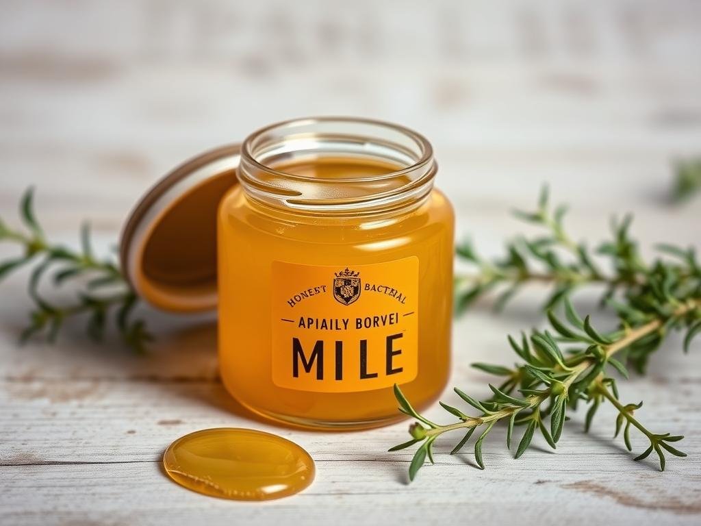A close-up of an open glass jar filled with rich, creamy APICOLTURA BORVEI MIELE. The jar's label prominently displays the brand name. The honey's golden hue glistens under soft, diffused lighting, highlighting its thick, antibacterial consistency. The jar is positioned on a simple, rustic wooden surface, surrounded by a few fresh sprigs of herbs, evoking a sense of natural, medicinal wellness. The overall scene conveys the therapeutic properties and versatile applications of this high-quality Italian honey.