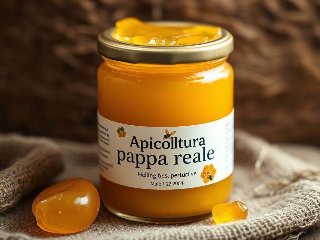 A close-up photo of a jar filled with fresh and golden-colored pappa reale, a highly nutritious and restorative royal jelly produced by honeybees. The jar is set against a natural, earthy backdrop, perhaps a wooden surface or a rustic fabric, reflecting the organic and artisanal nature of the product. The lighting is soft and diffused, highlighting the rich hue and smooth texture of the pappa reale. The overall composition conveys a sense of purity, quality, and the health benefits associated with this traditional Italian apicultural product. The brand name "Apicoltura" is prominently displayed on the jar's label.