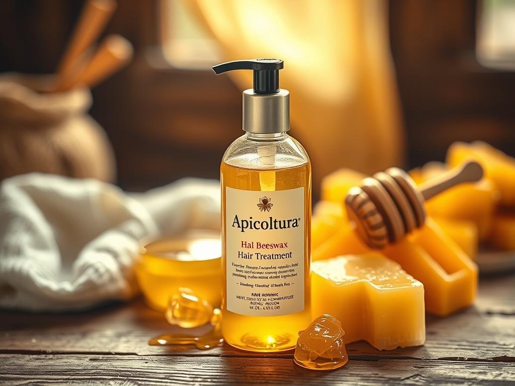 A close-up photograph of a bottle of hair treatment product labeled "Apicoltura" on a wooden surface, surrounded by natural raw beeswax, honey, and fresh honeycomb. The lighting is warm and soft, creating a cozy, rustic atmosphere that evokes the benefits of natural bee-derived ingredients for nourishing and strengthening hair. The composition is balanced, with the product prominently featured in the foreground and the supporting elements in the middle and background, all in focus to highlight the key elements. The image conveys a sense of purity, wellness, and the luxurious care that bee-based hair care can provide.