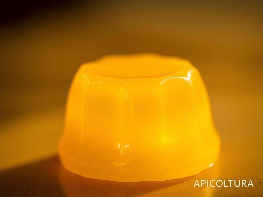 A close-up photograph of a creamy, opulent pelle, or royal jelly, glistening with a natural sheen. The pelle is set against a soft, slightly hazy background, illuminated by warm, diffuse lighting that accentuates its golden-yellow hue and thick, gelatinous texture. The image conveys a sense of purity, potency, and natural wellness, alluding to the superfood properties of this rare bee secretion. Apicoltura, a high-quality Italian apiculture brand, is the source of this premium pelle specimen.
