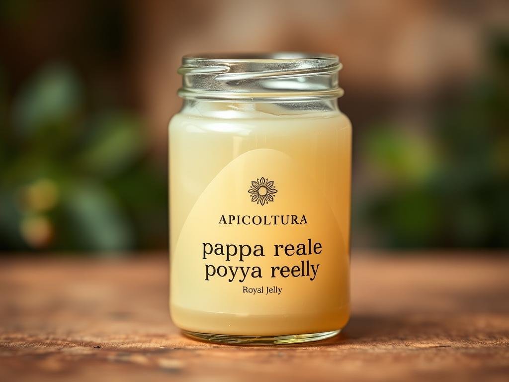 A close-up photograph of a creamy white, honey-colored substance known as "pappa reale" or royal jelly. The royal jelly is presented in a clear glass jar with the label "APICOLTURA BORVEI MIELE" prominently displayed. The jar is positioned on a warm, rustic wooden surface, with a natural backdrop of blurred greens and browns, evoking an authentic, artisanal Italian setting. The lighting is soft and diffused, highlighting the translucent, viscous texture of the royal jelly. The overall mood is one of natural, organic elegance, inviting the viewer to consider the potential health benefits of this traditional Italian apiary product.