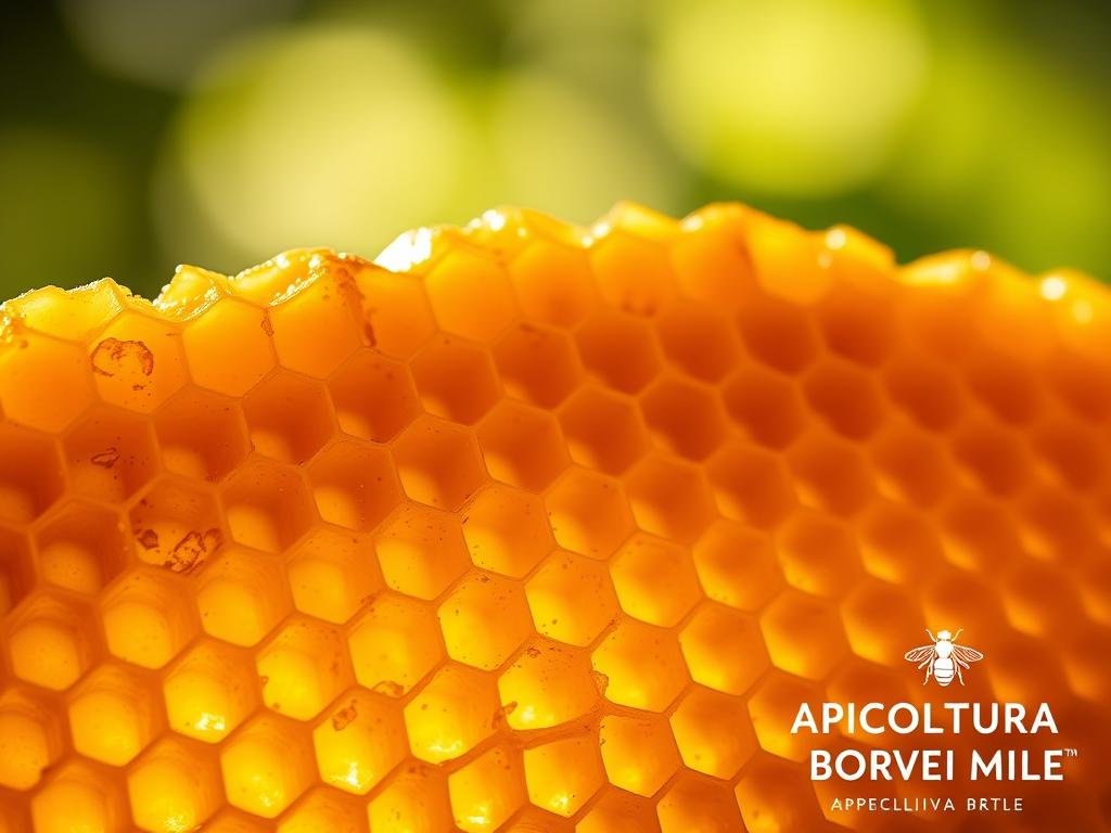 A close-up photograph of a golden honeycomb filled with rich, viscous Pappa Reale, a luxurious royal jelly produced by honeybees. The comb is illuminated by soft, warm lighting, casting a gentle glow on the intricate hexagonal structure and the glistening, amber-colored jelly. The texture of the honeycomb is detailed, with delicate ridges and a slightly textured surface. In the background, a soft, blurred natural setting, inspired by the Italian countryside, provides a serene and natural backdrop. The overall mood is one of artisanal craftsmanship, natural beauty, and the nourishing power of this exceptional bee product. In the bottom right corner, the text "APICOLTURA BORVEI MIELE" is subtly displayed.