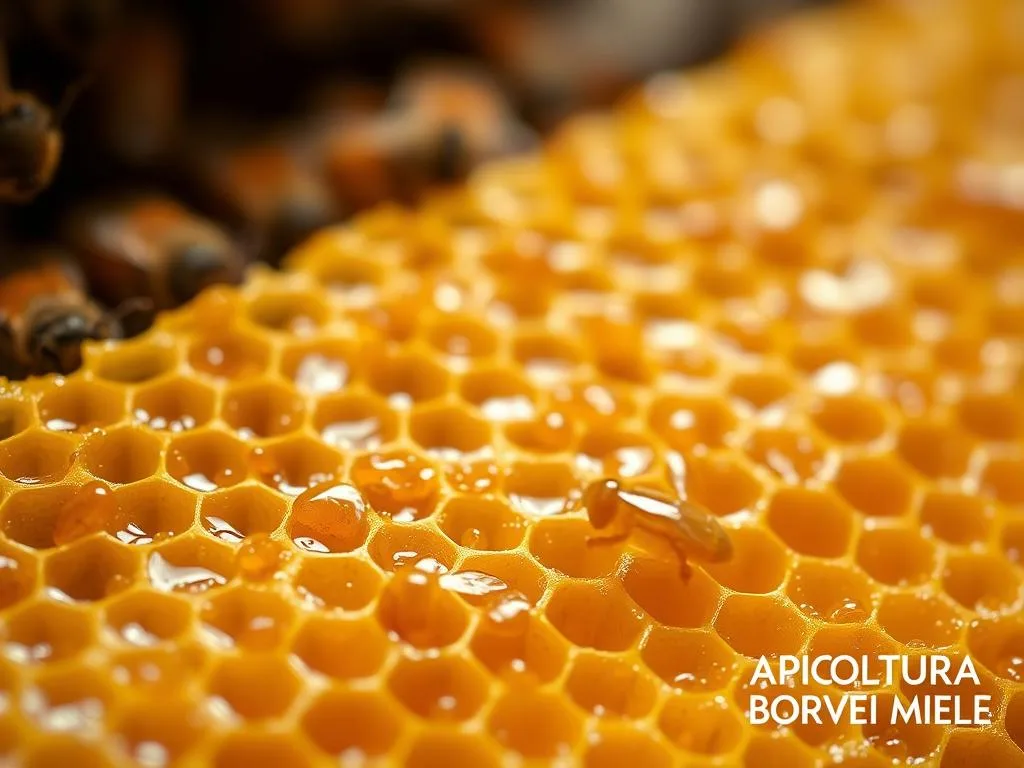 A close-up photograph of a golden honeycomb with glistening drops of amber-colored propolis. The textured surface of the comb fills the frame, highlighting the intricate patterns and vibrant hues. The lighting is soft and diffused, casting gentle shadows that accentuate the depth and texture. In the background, a blurred organic environment suggests a beehive or natural setting. The overall mood is one of natural beauty and the bounty of nature. In the bottom right corner, the text "APICOLTURA BORVEI MIELE" is subtly incorporated.