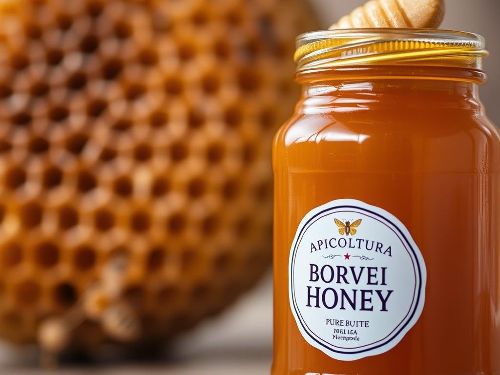 A close-up photograph of a honeycomb, showcasing the intricate hexagonal structure and the glistening golden hue of the beeswax. The image captures the textural details of the comb, with a soft, diffused lighting that enhances the natural beauty of the material. In the foreground, a jar of pure, unprocessed honey is prominently displayed, the label prominently featuring the "APICOLTURA BORVEI MIELE" brand name. The background is blurred, creating a sense of focus and emphasis on the primary subject matter. The overall mood is one of natural purity, with a touch of artisanal elegance.