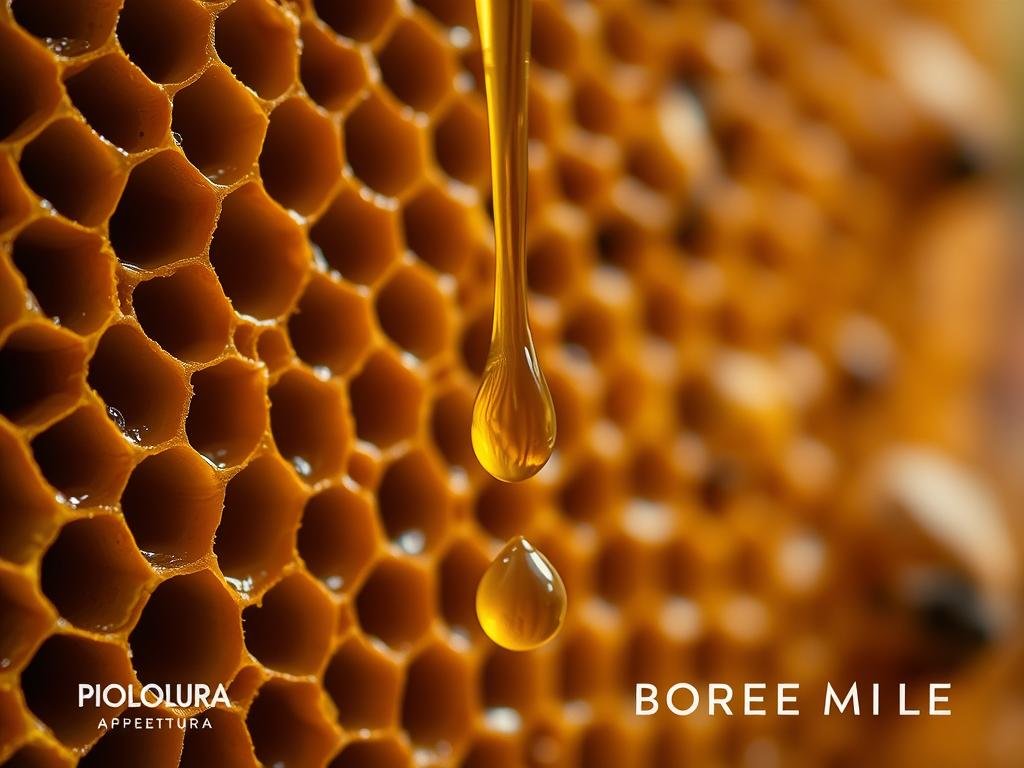 A close-up photograph of a honeycomb structure, with intricate patterns of hexagonal cells filled with a viscous, golden liquid. The surface is glistening, as if freshly harvested. In the foreground, a few drops of the amber-colored honey are suspended in the air, captured in mid-motion. The background is blurred, but there is a sense of a natural, earthy environment, hinting at the origin of this precious substance. The lighting is soft and diffused, creating a warm, inviting atmosphere. The composition is balanced and visually striking, capturing the essence of the "APICOLTURA BORVEI MIELE" brand.