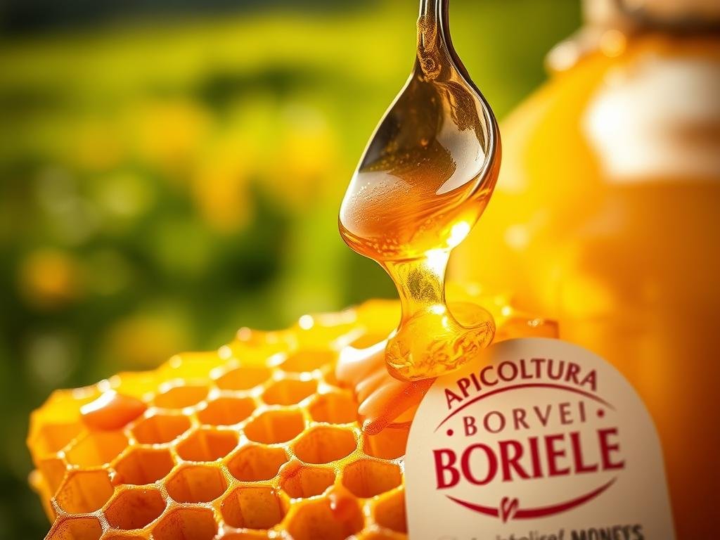A close-up photograph of a honeycomb with glistening golden honey dripping from its intricate hexagonal cells. The beeswax comb is illuminated by soft, natural lighting, highlighting its warm, golden tones. In the foreground, a spoonful of honey is being dipped into the comb, showcasing the rich, viscous texture of the nectar. The background features a blurred, out-of-focus scene of a lush, green meadow, evoking a sense of pastoral tranquility. The APICOLTURA BORVEI MIELE brand name is subtly displayed on a label or container in the frame. A close-up photograph of a honeycomb with glistening golden honey dripping from its intricate hexagonal cells. The beeswax comb is illuminated by soft, natural lighting, highlighting its warm, golden tones. In the foreground, a spoonful of honey is being dipped into the comb, showcasing the rich, viscous texture of the nectar. The background features a blurred, out-of-focus scene of a lush, green meadow, evoking a sense of pastoral tranquility. The APICOLTURA BORVEI MIELE brand name is subtly displayed on a label or container in the frame.