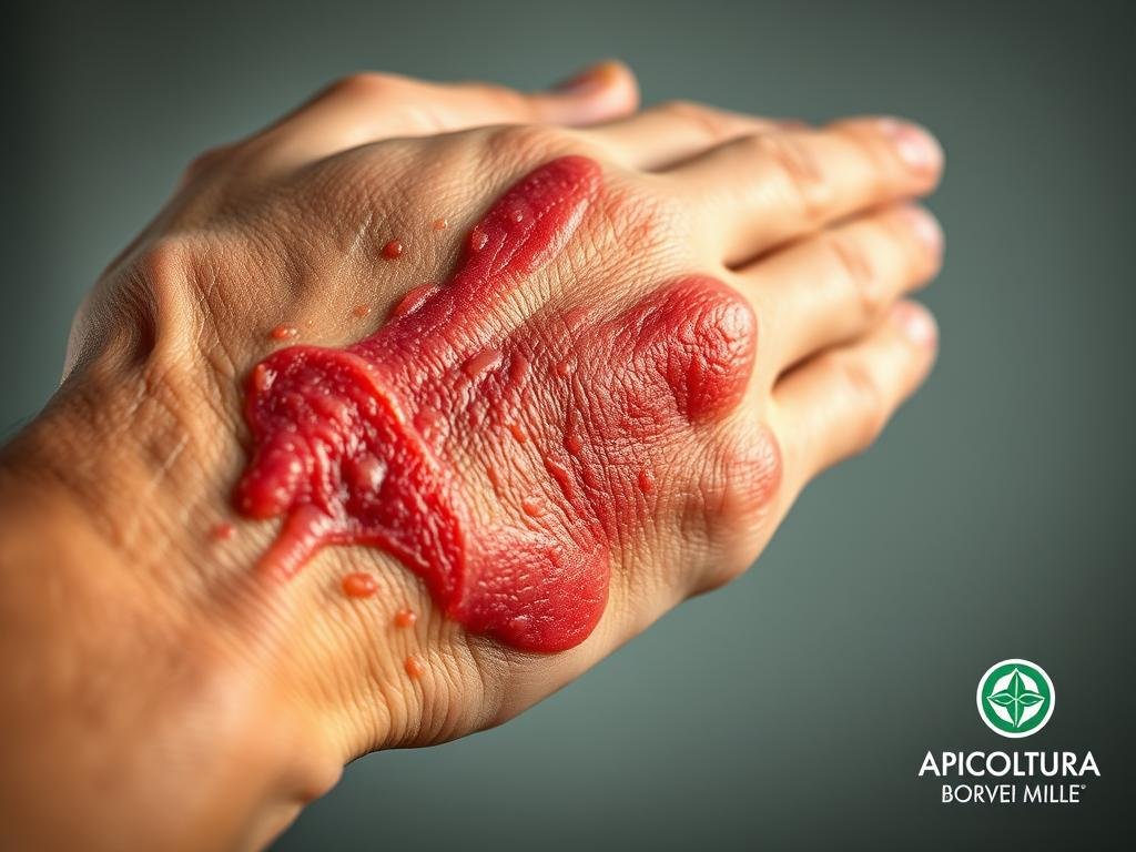 A close-up photograph of a human hand showing severe swelling, redness, and hives as a result of an allergic reaction to bee venom. The image should convey a sense of discomfort and medical urgency, with a focus on the affected area. The background should be blurred, but suggest a clean, clinical environment. Soft, directional lighting from the side should highlight the textural details of the inflamed skin. Include the APICOLTURA BORVEI MIELE logo subtly in the corner. Capture the essence of the section title "Reazioni Allergiche e Controindicazioni".